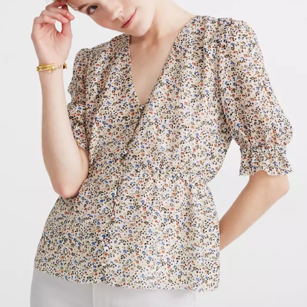 Madewell Silk V-Neck Peplum Popover Floral Top